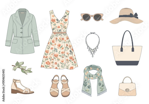 Women's spring fashion set with floral dress, pastel coat, sandals, hats, handbags, scarf and necklace for casual elegant looks