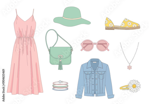 Women's summer fashion set with pink dress, denim jacket, floral espadrilles, pastel accessories, sunglasses, and hat, perfect for casual outings