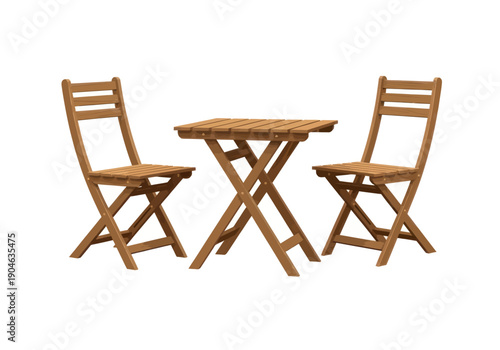 Wooden folding table and chairs set isolated on white background, outdoor or indoor furniture for small spaces