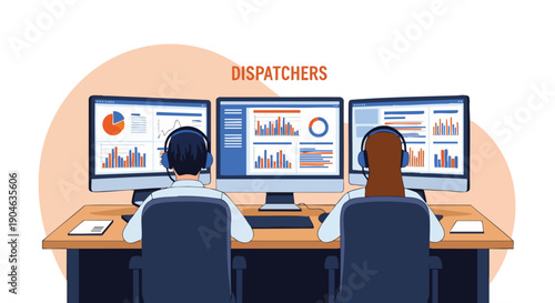 Diverse Team of Dispatchers Analyzing Data on Multiple Computer Screens in an Office Setting.