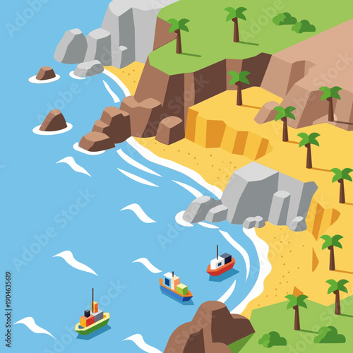 Tropical island beach with boats and rocky coastline.