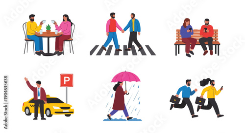 Diverse Urban Scenes: People in Daily Life Situations, Coffee, Travel, and Busy Commutes.