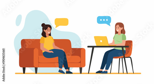 Diverse women communicate and collaborate remotely, one on a couch, the other at a laptop, symbolizing connection and teamwork.