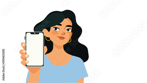 Vector flat design woman cartoon character holding a smartphone with a copy space mock up screen isolated on white background banner vector illustration