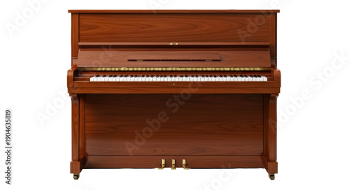 Foto Upright piano isolated PNG on transparent background, brown wooden musical instr