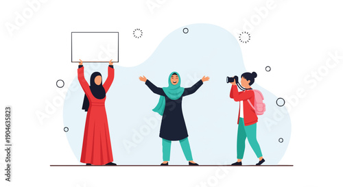Empowered Muslim women celebrating, one holding a blank sign and another with a camera, symbolizing freedom, activism, and creativity.