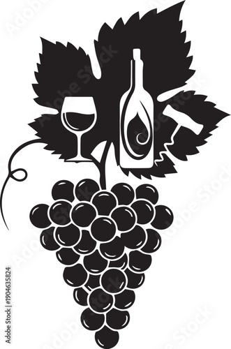 Grapes, wine bottle, and glass illustration