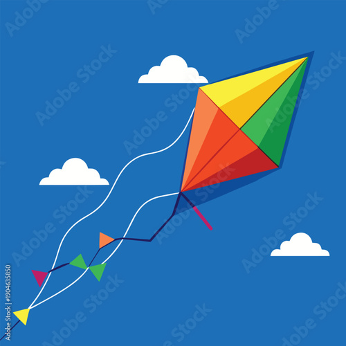 a vibrant kite with multiple colorful sections soars high against a bright blue sky dotted with fluffy white clouds