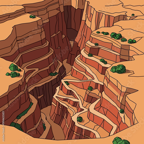 Grand Canyon landscape with layered rock formations and greenery.