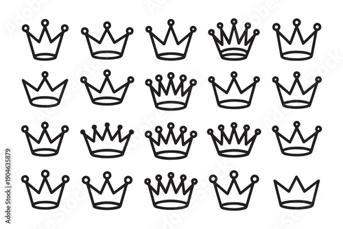 Set of minimalist crown line icons, simple royal symbol collection on white background for design assets