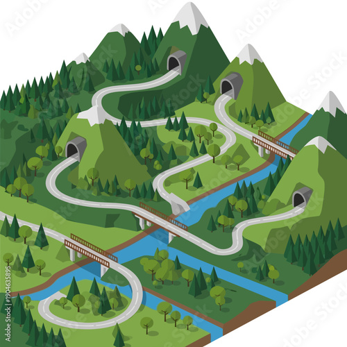 Isometric landscape with winding roads and caves in the mountains.