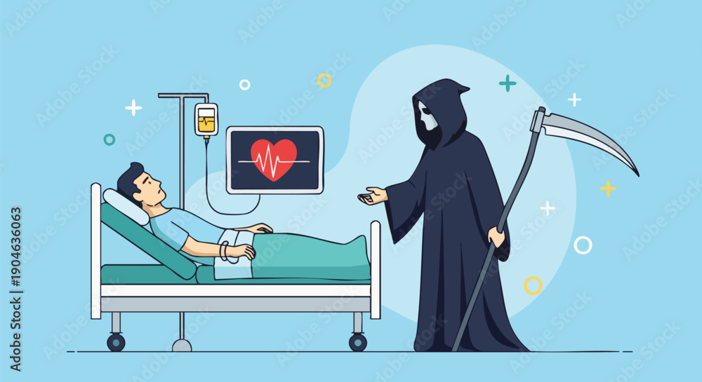 Fototapeta premium Grim Reaper Offering a Deal to a Patient in Hospital Bed with Heart Monitor.