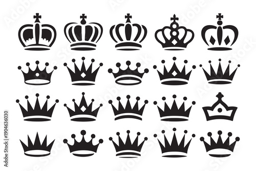 Collection of fifteen different black crown icons isolated on white background vector set for royal insignia