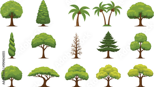 Tree Illustration Set Featuring Various Forest and Tropical Trees Including Palm, Pine, Oak, and Decorative Green Foliage for Nature and Landscape Design