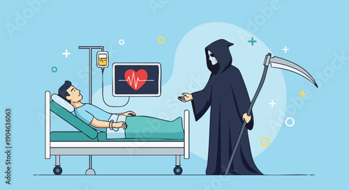 Grim Reaper Offering a Deal to a Patient in Hospital Bed with Heart Monitor.
