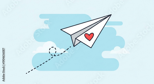 Paper airplane with heart flies through light blue cloudy sky with dotted trail