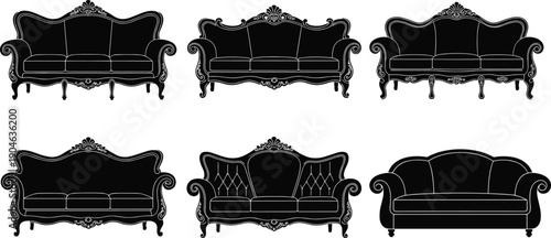 Collection of ornate vintage sofa silhouettes featuring carved wood details, tufted upholstery, and classic antique furniture designs for interior decor, artistic inspiration,
