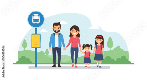 Happy family with children walking to bus stop, ready for a journey or school trip, illustrating public transport and community connection.