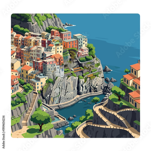 Colorful seaside village perched on rugged cliffside with winding roads.