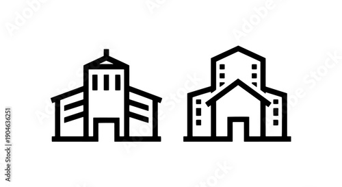 Outline icons of two different building styles, houses and apartments