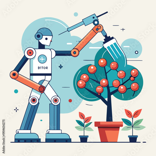 a stylized illustration depicts a futuristic robot tending to a small tree laden with vibrant red fruit in a modern setting