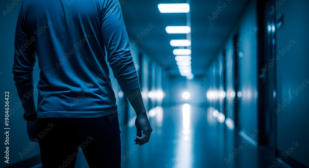 Obraz premium A person walking down a dimly lit blue hallway with bright lights ahead