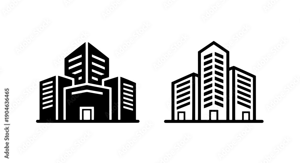 Fototapeta premium Two black building icons, one solid, one outline, representing offices