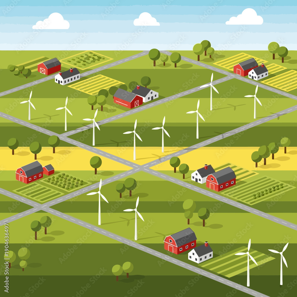 Obraz premium Rural landscape with farms and wind turbines.