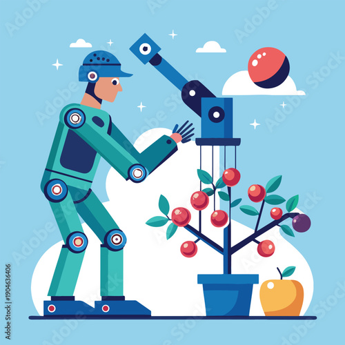 a futuristic robotic worker harvests ripe red berries and an apple from a vibrant plant in a stylized illustration