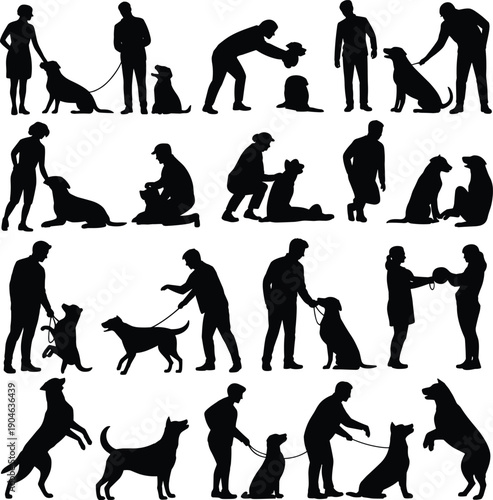 Black silhouettes of people and dogs in various poses animals
