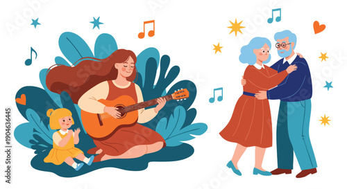 Joyful Family Moments: Guitar Playing, Dancing Grandparents, and Happy Child - Celebration and Connection.