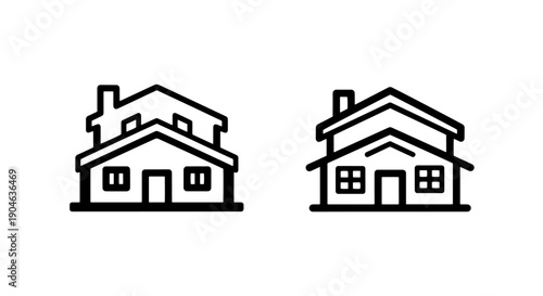 Outline icons of two houses, one with multiple windows and a chimney