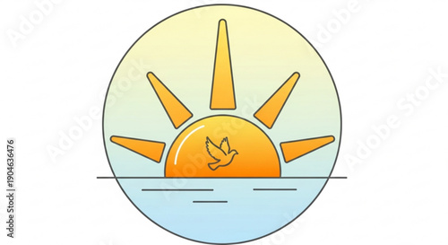 Sunrise with bird flying over calm water symbolizing peace and serenity in a natural setting