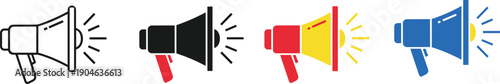 Colorful megaphone icon set in modern flat design style representing communication, announcement, marketing, promotion, and public message with black, red, yellow, and blue variations