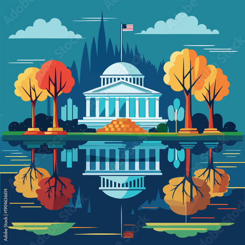 a vibrant illustration depicting a capitol building surrounded by autumn trees and a reflective water surface under a cloudy sky