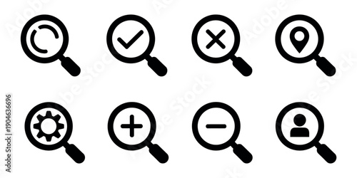 Magnifying Glass Icon Set: Professional Search and Discovery Symbols for Zoom In, Zoom Out, Job Seeking, and Address Location Finding