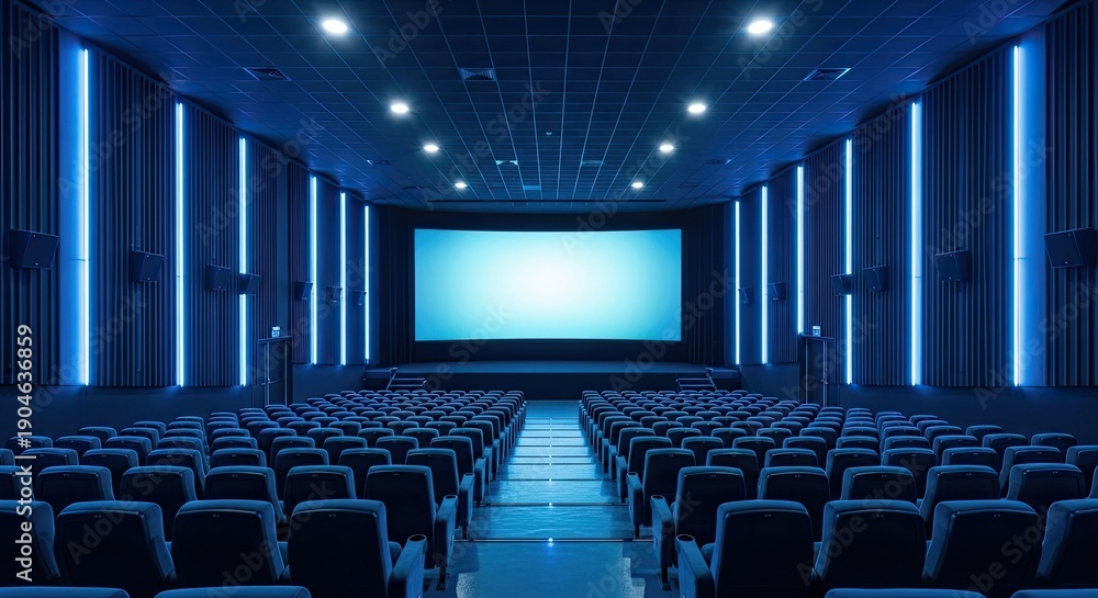 Fototapeta premium A large empty cinema with rows of seats facing a blank screen illuminated by blue lights from the walls and ceiling