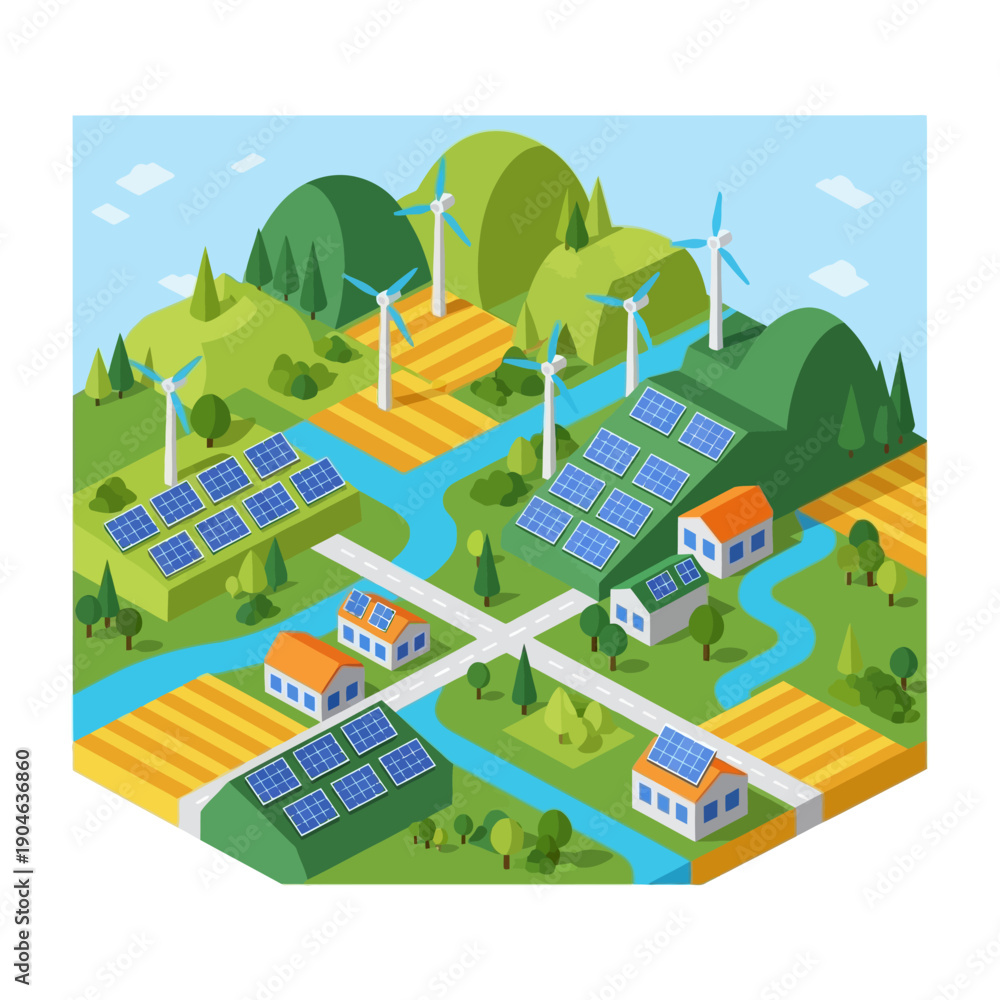 Fototapeta premium Sustainable eco-friendly village with renewable energy sources and green spaces.