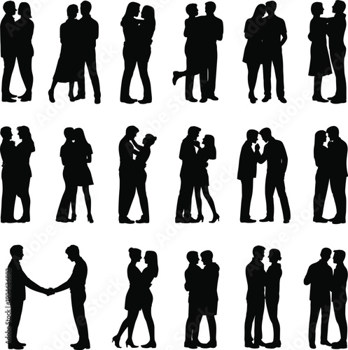 Black silhouettes of couples in various romantic poses