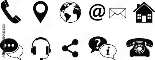 Communication and contact icon set in black and white line art featuring phone, email, location, chat, globe, headset, and home address symbols