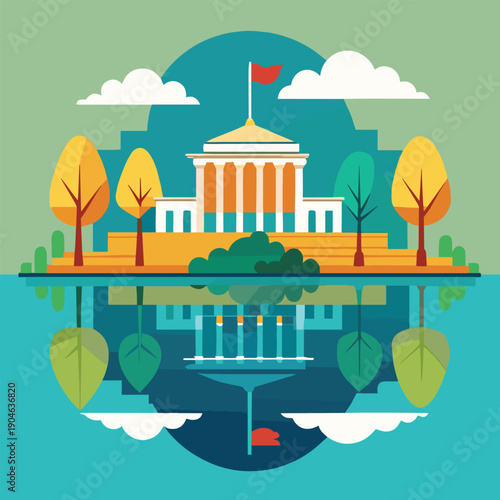 a stylized illustration depicts a classic building with a flag reflected in water surrounded by autumnal trees and fluffy clouds