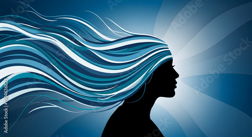Woman silhouette with flowing blue hair and radiant background