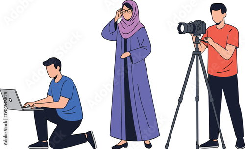 Video Production Team Illustration with Cameraman, Director, and Editor Working Together Representing Filmmaking, Media Creation, and Creative Workflow Concepts