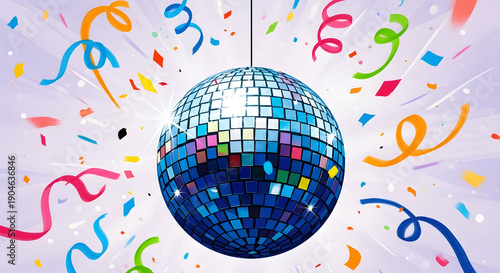 Disco ball celebration with colorful confetti and streamers