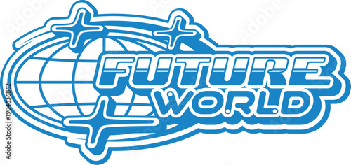 Future world globe Y2K retro icon or sign. Globe wireframe vintage vector icon, Earth sphere mesh retro emblem. International and global business planet sign with blue color, futuristic typography