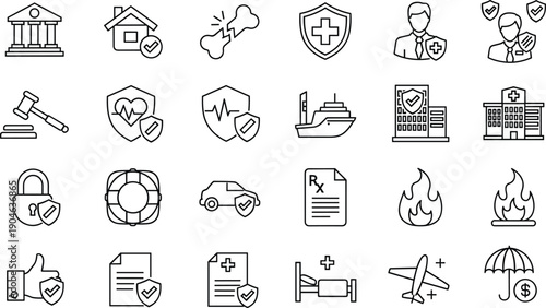 "Comprehensive insurance and healthcare icon set in black and white line art featuring safety, protection, medical, legal, travel, property, and financial security symbols
