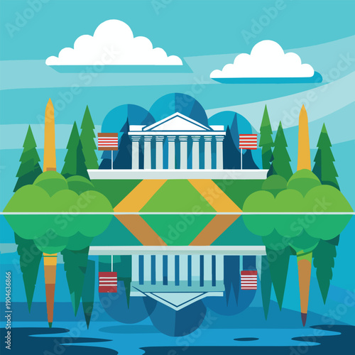 a vibrant illustration depicting the united states capitol building and washington monument with a reflection and stylized landscape