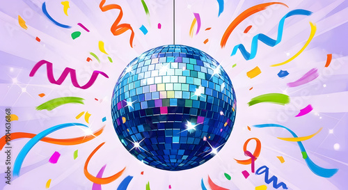 Vibrant disco ball surrounded by colorful confetti and streamers