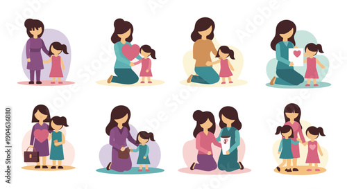 Mother and Daughter Love and Care Moments Collection - Flat Design.