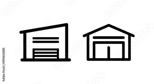 Two garage icons: modern shed and traditional barn outline illustration